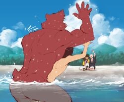 41raco anal anthro ass beach gesture hi_res human human_on_anthro interspecies kirupi kumatetsu kyuta male male/male male_only mammal nude outside seaside sex shirako stealth_sex the_boy_and_the_beast ursid water waving