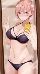 1girls bare_shoulders belly big_breasts blue_eyes blush bra breasts cleavage embarrassed female female_only go-toubun_no_hanayome heavy_breathing highres light-skinned_female mebunryo_(mebunryo2) mirror mirror_selfie nakano_ichika navel nervous panties peace_sign pelvic_line pink_hair short_hair shy smartphone solo standing steaming_body sweat sweatdrop sweating swimsuit taking_picture thick_thighs underwear v v_sign wavy_mouth