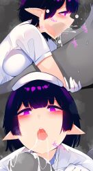 1boy 1girls big_breasts blowjob breasts cum cum_in_mouth femdom gloves japanese_text kuroishimebo long_ears pointy_ears purple_eyes succubus text translation_request white_gloves