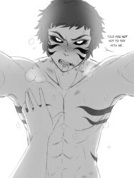 bite_mark bite_marks black_hair black_sclera blush body_markings breath demon_boy demon_slayer dirty_talk drooling english_text facial_markings groping kaigaku kimetsu_no_yaiba male male_focus monochrome nude pec_grasp pecs pov slit_pupils solo_focus sweat