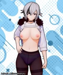 1boy 1girls 3d 3d_(artwork) :( actuale aether_(genshin_impact) arlecchino_(genshin_impact) black_eyes black_hair breasts breasts_out female female_focus female_only fur_trim genshin_impact koikatsu large_breasts nipples pantyhose pov tagme thick_thighs white_hair