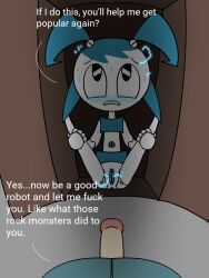 anus dialogue electricity fluids holding_legs human jenny_wakeman legs_over_head legs_up looking_at_another looking_up my_life_as_a_teenage_robot nervous penis pussy robot scared spanky15 straight_hair text xj-9