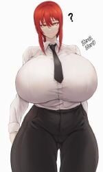 1girls big_breasts black_pants breasts_bigger_than_head chainsaw_man clothed clothing gigantic_breasts huge_breasts makima_(chainsaw_man) pants red_hair simple_background smile smiling smiling_at_viewer solo solo_female solo_focus tagme tie white_background white_shirt white_skin yellow_eyes zer0artzer0