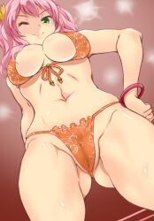 1girls ariku big_breasts bracelet breasts looking_at_viewer one_eye_closed pink_hair