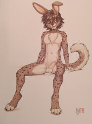 2018 anthro brown_body brown_fur brown_hair fangs fur hair hoppy(hoppybunbun) humanoid_genitalia kacey lagomorph leporid long_tail male mammal prehistoric purple_eyes rabbit sabertooth_(anatomy) sabretooth_bunny sitting solo spots spotted_body tan_body tan_fur