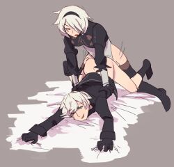 1boy 1futa anal anal_sex bilefangz bottomless breasts clothed clothing duo futa_on_male futadom futanari hairband human implied_futanari light-skinned_futanari light-skinned_male light_skin male malesub nier nier:_automata on_stomach partially_clothed sex short_hair thighhighs white_hair yorha_2b yorha_9s