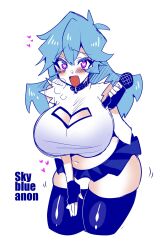 big_breasts blue_hair chubby_female collar female friday_night_funkin hand_on_own_thigh heart hearts_in_eyes jiggling microphone open_mouth pink_eyes sky_(friday_night_funkin) skyblue staring_at_viewer thick_thighs