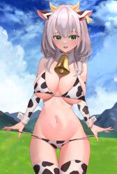 :d absurdres andamiro_(pixiv28480995) animal_ears animal_print bell bikini bikini_pull blue_sky breasts clothes_pull cloud cow_ears cow_horns cow_print cowbell cowboy_shot day detached_collar detached_sleeves ear_tag female field gluteal_fold grass green_eyes grey_hair highres hololive hololive_fantasy hololive_japan horns large_breasts looking_at_viewer mountain navel neck_bell open_mouth outdoors print_bikini print_legwear print_sleeves pulled_by_self shirogane_noel sky smile solo stomach swimsuit thigh_gap thighhighs thighs virtual_youtuber wrist_cuffs