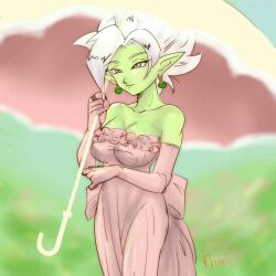 1girls artist_request bare_shoulders breasts cleavage clothing core_person dragon_ball dragon_ball_super dragon_ball_z dress earrings female_zamasu fusion gloves green_skin grey_eyes nipple_bulge parasol petite pointy_ears ring rule_63 solo spiky_hair super_saiyan super_saiyan_rose umbrella watermark white_hair zamasu