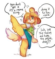 2020 animal_crossing blush blush_lines english_text furry green_eyes isabelle_(animal_crossing) leg_lift meme motion_lines nintendo panken panties pantyshot skirt standing_split tail text text_bubble upskirt yellow_fur