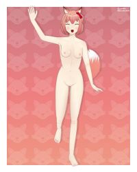 :3 arm_up bow closed_eyes doki_doki_literature_club fox fox_ears fox_tail just_sayori naked nude open_mouth orange_fox orange_hair red_bow sayori_(doki_doki_literature_club)