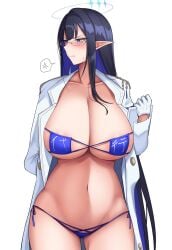 anger_vein bikini blue_archive blue_bikini blue_eyes blue_hair blush breasts cleavage collarbone elf_ears eyepatch_bikini female glasses gloves gluteal_fold halo highres huge_breasts jacket long_hair long_sleeves meme_attire micro_bikini ootori_subaru open_clothes open_jacket pointy_ears public_morals_bikini rin_(blue_archive) simple_background solo spoken_anger_vein swimsuit very_long_hair white_background white_gloves white_jacket