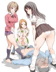 1boy 3girls ariku bar_censor black_hair blonde_hair censor_bar censored censored_penis cum eyebrows_visible_through_hair faceless faceless_male femdom green_eyes looking_at_viewer panties red_eyes school_uniform schoolgirl shadow thick_thighs white_background