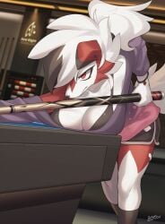 1girls 2022 anthro big_breasts billiards breasts cleavage female lycanroc midnight_lycanroc nintendo pokémon_(species) pokemon red_eyes tagme zinfyu