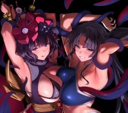 2girls armpits arms_behind_back arms_up asymmetrical_docking big_breasts bikini black_hair blue_eyes breast_press breasts cleavage fate/grand_order fate_(series) grope hand_on_head hands_behind_back hands_behind_head highres huge_breasts katsushika_hokusai_(fate) large_breasts long_hair looking_at_viewer looking_pleasured molestation multiple_girls revealing_clothes sweat swimsuit tentacle tied_up tongue tongue_out touching_breast ulrich_(tagaragakuin) upper_body ushiwakamaru_(fate) ushiwakamaru_(fate/grand_order) ushiwakamaru_(swimsuit_assassin)_(fate)