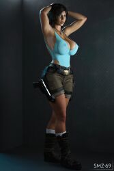 1girls 3d armpits arms_up big_breasts breasts busty cleavage female female_focus female_only full_body hourglass_figure lara_croft lara_croft_(survivor) large_breasts leotard pose posing short_shorts smz-69 solo sweat tomb_raider wide_hips