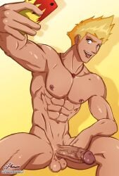 1boy abs blonde blonde_hair blonde_hair_male erect_penis erection male male_focus male_only martin_mystery martin_mystery_(character) nude nude_male phausto presenting_penis proud_of_his_cock selfie solo solo_focus solo_male spread_legs veiny_penis