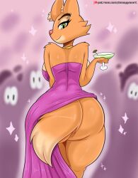 2022 anthro ass back_boob beverage bmayneart bottomless breasts canid canine clothed clothing diane_foxington dreamworks dress eyebrow_piercing facial_piercing female food fox fruit fur glass hi_res inner_ear_fluff looking_at_viewer looking_back looking_back_at_viewer mammal olive_(fruit) orange_body orange_fur piercing plant purple_clothing purple_dress smile smiling_at_viewer solo sparkles the_bad_guys tuft yellow_eyes