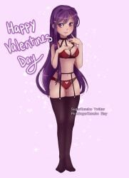 bra doki_doki_literature_club looking_to_the_side panties pink_background purple_eyes purple_hair red_bra red_panties sugarkuneho valentine's_day yuri_(doki_doki_literature_club)