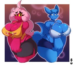 2020 2girls 4k abstract_background absurd_res anthro big_breasts big_hands blue_body blue_fur blue_hair bottomwear breast_squish breasts canid canine cleavage cleavage_overflow clothed clothing crop_top curvaceous curvy curvy_body curvy_female curvy_figure digital_drawing_(artwork) digital_media_(artwork) duo duo_focus eye_through_hair eyelashes eyelashes_through_hair female female_focus female_only fingers fluffy fluffy_tail fox fur hair hi_res hotpants hourglass_figure huge_breasts humanoid kali_(kilinah) kili_(kilinah) kyoob_(thegentlebro) long_hair long_tail looking_at_viewer mammal midriff mimic nipple_bulge nipple_outline no_pupils pink_hair red_body red_skin shirt short_hair shorts side_boob simple_background simple_eyes skirt smile squish standing superix thick_thighs thong thong_above_skirt thong_straps topwear translucent translucent_hair underwear voluptuous watermark wide_hips yellow_sclera