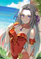 1girls alternate_costume beach bracelet clouds dyne_gallon edelgard_von_hresvelg edelgard_von_hresvelg_(summer) fire_emblem fire_emblem:_three_houses fire_emblem_heroes hair_ribbon looking_at_viewer necklace nintendo official_alternate_costume one-piece_swimsuit purple_eyes red_swimsuit smile solo swimsuit water white_hair