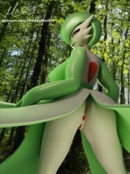 3d_(artwork) anthro anus ass blender_(software) breasts clothed clothed/nude clothing digital_media_(artwork) female forest gardevoir genitals hi_res hiddenmask18 lidded_eyes looking_at_viewer looking_back nintendo nude plant pokémon_(species) pokemon pokemon_(species) pussy rear_view solo tree video_games