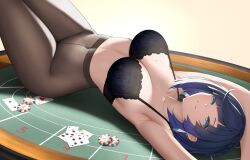 1girls armpits billiard_table blue_eyes blue_hair bra breasts cleavage curvy female genshin_impact looking_at_viewer lying mature_female milf mole mole_on_breast on_table pantyhose seductive short_hair smile table terebi_(shimizu1996) voluptuous yelan_(genshin_impact)