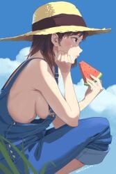 blue_eyes brown_hair cacn naked_overalls overalls sideboob straw_hat watermelon