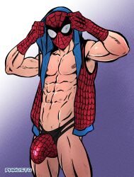 1boy abs armpit_hair briefs briefs_only bulge gloves jockstrap jockstrap_only male male_focus male_only marvel marvel_comics mask masked masked_male peter_parker phausto solo solo_focus solo_male spider-man spider-man_(series) thong thong_only visible_penis_shape