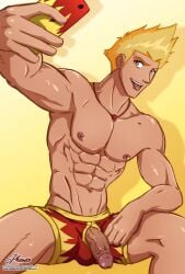 1boy abs blonde blonde_hair blonde_hair_male male male_focus male_only martin_mystery martin_mystery_(character) penis_out penis_through_fly phausto selfie semi-erect solo solo_focus solo_male spread_legs underwear underwear_only veiny_penis