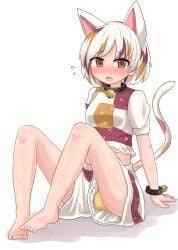 animal_ears barefoot bell_collar blush cat_ears cat_tail chups collar looking_at_viewer mike_goutokuji multicolored_hair panties pantyshot pantyshot_(sitting) polka_dot polka_dot_panties short_hair shorts sitting tagme tail tears thighs touhou upshorts yellow_panties