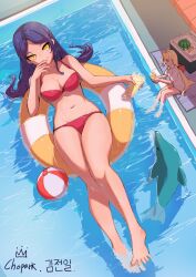 2girls bathing bikini chopark drinks female_only giantess hips inflatable_tube lemonade original pool poolside purple_hair red_bikini size_difference summer swimsuit thighs water yellow_eyes