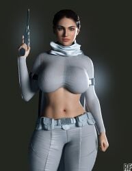 1girls 3d absurd_res alternate_breast_size attack_of_the_clones big_breasts blaster brown_hair clothed curvaceous curvy female female_only gun huge_breasts large_breasts looking_at_viewer midriff navel padme_amidala rude_frog solo star_wars stomach tied_hair voluptuous wide_hips