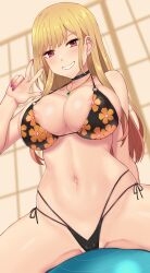 1girls areola_slip big_breasts bikini blonde_hair choker female female_only gyaru huge_breasts kitagawa_marin long_fingernails nt00 pink_eyes solo sono_bisque_doll_wa_koi_wo_suru v w