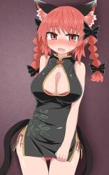 animal_ears blush bra braid breasts cat_ears cat_tail china_dress chups cleavage covering dress_tug looking_at_viewer minidress multiple_tails panties red_bra red_eyes red_hair red_panties rin_kaenbyou short_dress side-tie_panties standing sweat sweatdrop tagme tail tears thighs touhou twin_braids