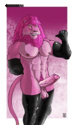 abs alexander_(kirlanlion) anthro armwear big_penis bodily_fluids clothing cum ear_piercing elbow_gloves erection facial_piercing felid fur genital_fluids genitals gloves hair handwear hi_res kirlanlion latex_gloves latex_stockings leaking_cum lion lip_piercing looking_at_viewer male mammal muscular muscular_anthro muscular_male nipple_piercing nipples nose_piercing pantherine pecs penis piercing pink_body pink_fur pink_hair pubes smile smiling_at_viewer solo yellow_eyes