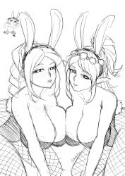 3girls :3 areola_slip braid braided_hair braided_ponytail breast_press breasts bunny_ears bunny_tail caked_up cassie_(paladins) clothing collarbone duo_focus elf elf_ears elf_female elf_girl female female_focus female_only fishnets freckles hair_ornament large_breasts lips long_hair looking_at_viewer multiple_girls paladins playboy_bunny pointy_ears ponytail pose pursed_lips rei_(paladins) sketch smile stepyon symmetrical_docking white_background ying_(paladins)