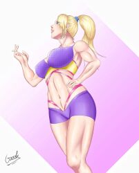 1girls abs alluring athletic_female blonde_hair blue_eyes female female_abs fit_female gym_shorts namco nina_williams seductive six_pack sports_bra tekken tekken_1 tekken_2 tekken_3 tekken_tag_tournament tekken_tag_tournament_2 workout_clothes