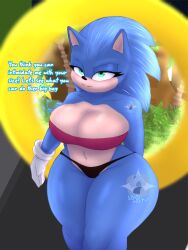 1girls ass belly_button big_ass big_breasts black_panties blue_fur cleavage curvy_body curvy_female curvy_figure dialogue digital_media_(artwork) eyelashes gloves green_eyes hedgehog hi_res huge_ass looking_at_viewer pink_clothing portal_(object) ring rule_63 skimpy smug snowyblue sonic_(series) sonic_the_hedgehog sonique_the_hedgehog text thick_thighs warp_ring watermark white_gloves