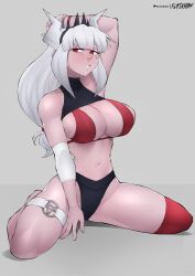 1girls bikini bracelet breasts crown demon demon_girl elbow_brace female female_only flytrapxx fully_clothed helltaker horns large_breasts lucifer_(helltaker) mole mole_under_eye navel pentagram red_eyes solo tagme thigh_strap thighs white_hair