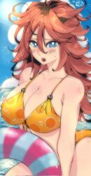 1girls android_21 android_21_(human) big_breasts bikini blue_eyes breasts brown_hair dragon_ball female innertube omochi_db orange_bikini water