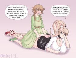 1boy 1girls alternate_version_available ass big_penis breasts canon_crossdressing cleavage covered_in_cum crossdressing cum danganronpa danganronpa:_trigger_happy_havoc danganronpa_1 ejaculation female femboy femboy_on_female fujisaki_chihiro girly hung_trap junko_enoshima large_ass large_breasts large_penis male onkel_h penis straight straight_hair