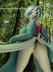 3d_(artwork) anthro anus ass blender_(software) breasts clothed clothed/nude clothing digital_media_(artwork) female forest gardevoir genitals hi_res hiddenmask18 lidded_eyes looking_at_viewer looking_back nintendo nude plant pokémon_(species) pokemon pokemon_(species) pussy rear_view shiny_pokemon solo tree video_games