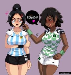 2girls accelart angry argentina argentina-chan_(accelart) argentine_flag big_breasts dark-skinned_female dark_skin female female_only hourglass_figure multiple_girls national_personification nigeria nigeria-chan_(accelart) shorts smile world_cup yuri