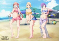 3girls amano_erika beach clothed clothed_female freshlyet kakkou_no_iinazuke lingerie multiple_girls multiple_pregnancies posing pregnant pregnant_female seaside segawa_hiro standing swimsuit umino_sachi