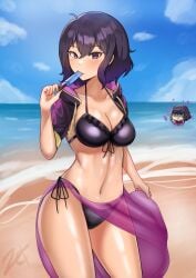 2girls alternate_costume bare_thighs beach bikini black_bikini black_hair black_swimsuit blue_sky blush blush_lines blushing breasts chibi chibi_inset cleavage collarbone corruption cowboy_shot dual_persona eating female female_only fire_emblem fire_emblem_awakening fire_emblem_heroes food food_in_mouth front-tie_top grima_(fire_emblem) highres large_breasts looking_at_viewer medium_breasts morgan_(fire_emblem) morgan_(fire_emblem)_(female) multiple_girls multiple_persona navel nintendo ocean one-piece_swimsuit outdoors partially_submerged popsicle purple_eyes purple_hair sarong short_hair side-tie_bikini sky smile solo_focus stomach swimsuit thighs zet_(twt_zet)