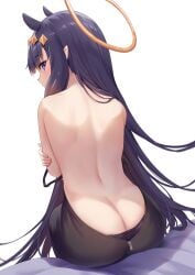 1girls ass ass_cleavage back bangs bare_shoulders black_dress black_panties blue_eyes blush breasts butt_crack diamond_hairband dress gradient_hair halo highres hololive hololive_english hololive_myth long_hair looking_at_viewer looking_back multicolored_hair ninomae_ina'nis panties panty_peek pointy_ears purple_hair shimokirin sidelocks sitting small_breasts solo tentacle_hair underwear very_long_hair virtual_youtuber zipper_pull_tab