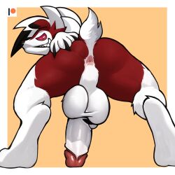 1:1 2021 absurd_res anthro anthro_only anus ass backsack balls big_balls big_penis border chromamorph digital_media_(artwork) digitigrade fur genitals grin hi_res humanoid_genitalia humanoid_penis looking_at_viewer looking_back lycanroc male male_only midnight_lycanroc multicolored_body multicolored_fur nintendo orange_background penis perineum pokémon_(species) pokemon presenting presenting_hindquarters rear_view simple_background smile solo two_tone_body two_tone_fur video_games white_border