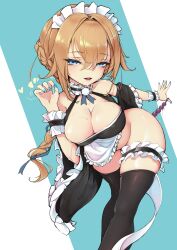 1girls absurdres anal anal_beads anal_object_insertion aqua_nails ass_visible_through_thighs bangs blue_eyes blush bottomless braid breasts ce201212010128 cleavage female hair_between_eyes highres holding holding_plate large_breasts lips long_hair looking_at_viewer maid_headdress object_insertion open_mouth original plate seductive_smile sex_toy single_braid smile solo solo_female thighhighs