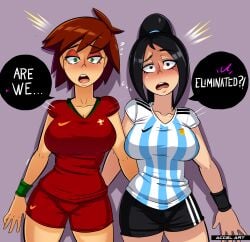 2girls accelart argentina argentina-chan_(accelart) blush defeated english_text female female_only hands_on_ass hourglass_figure latina multiple_girls national_personification portugal scared shocked shocked_expression shorts surprised_expression world_cup yuri